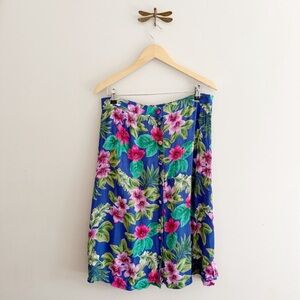 Tropical Vintage Floral Blue Flowy Midi Skirt size Large